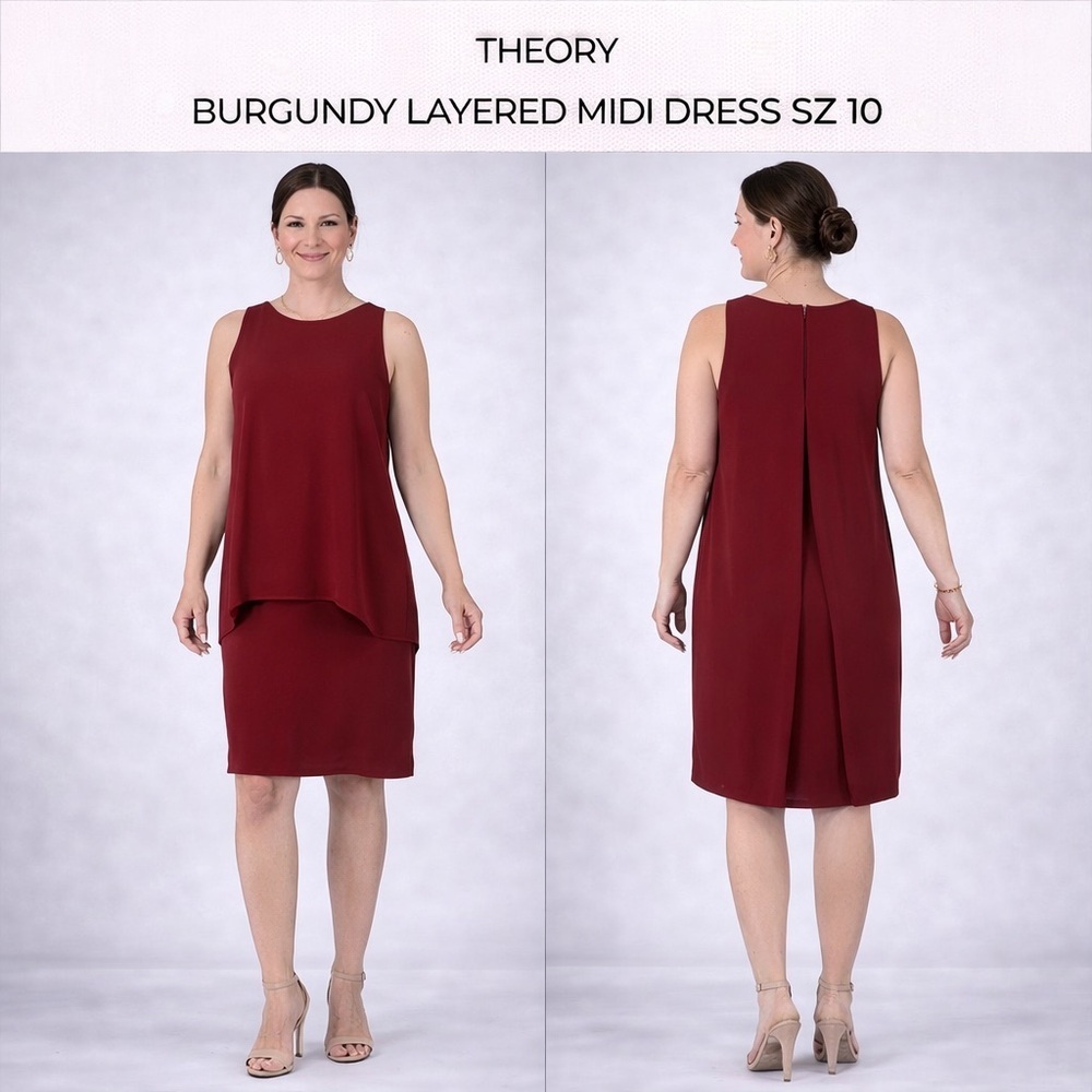 THEORY BURGUNDY LAYERED MIDI DRESS SZ 10
